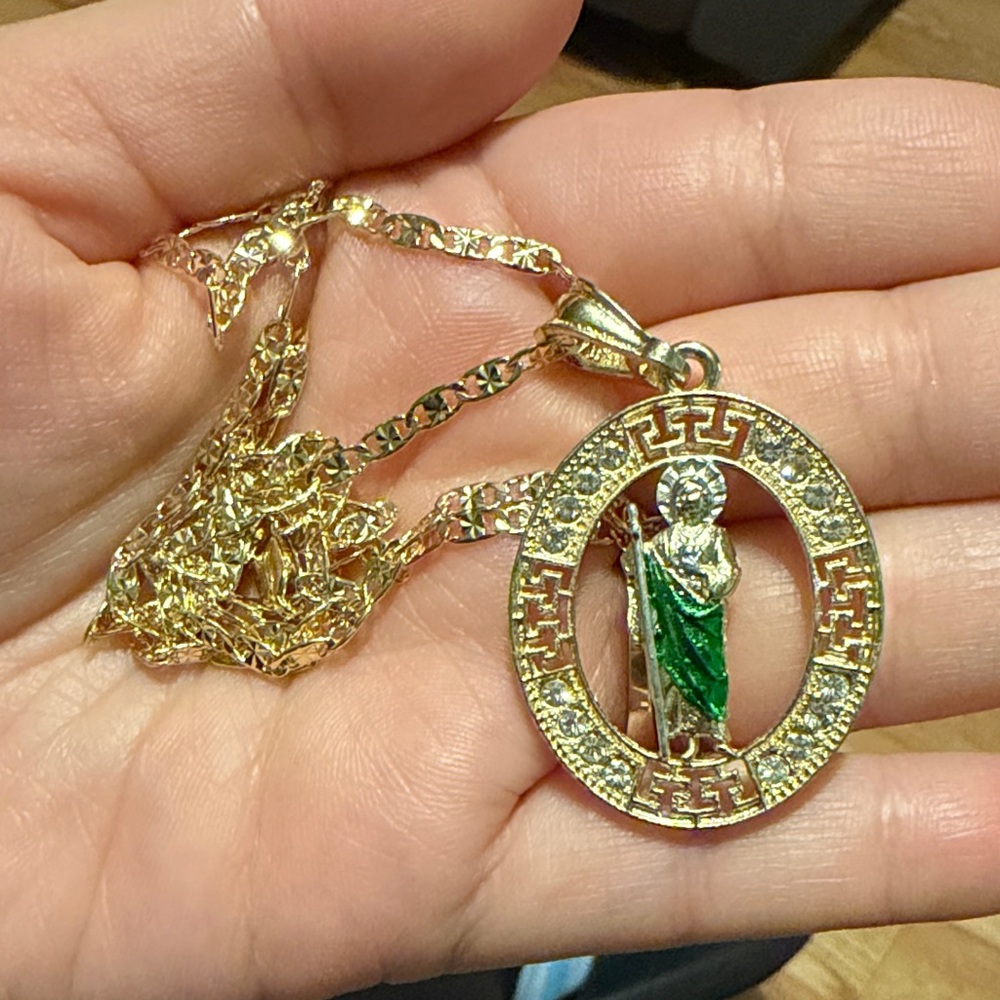 Gold Saint Pendant Necklace with Green Enamel Accent